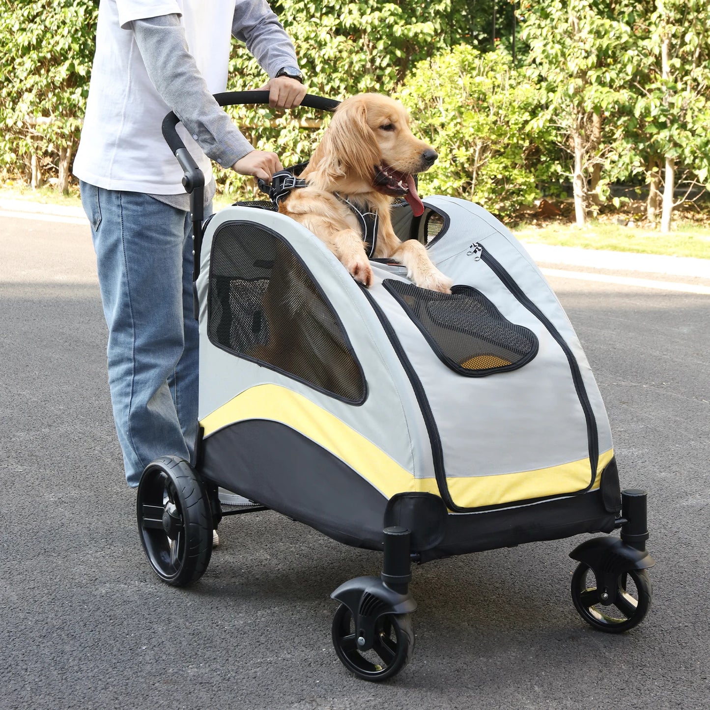 Foldable 4-Wheel Dog Stroller – Large Pet Travel Carriage for Dogs & Cats, Breathable Outdoor Carrier